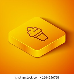 Isometric line Ice cream in waffle cone icon isolated on orange background. Sweet symbol. Yellow square button. Vector Illustration