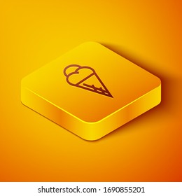 Isometric line Ice cream in waffle cone icon isolated on orange background. Sweet symbol. Yellow square button. Vector Illustration