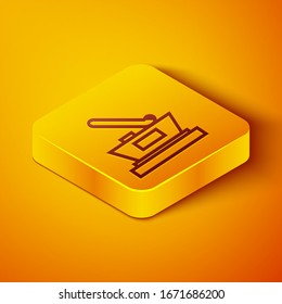 Isometric line Ice hockey cup champion icon isolated on orange background. Hockey trophy. Yellow square button. Vector Illustration