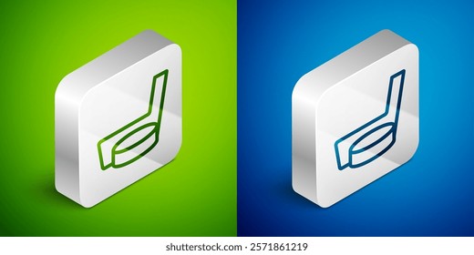 Isometric line Ice hockey stick and puck icon isolated on green and blue background. Silver square button. Vector