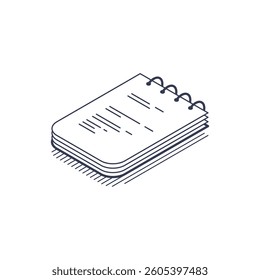 Isometric line icon of a notepad, featuring a sleek design with outlines and subtle details. Ideal for use in infographics and modern digital platforms.