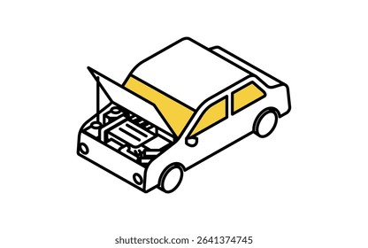 Isometric line icon of sedan car with open hood showing engine maintenance, Vector Illustration