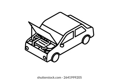 Isometric line icon of sedan car with open hood showing engine maintenance, black and white, Vector Illustration