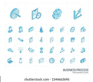 Isometric line icon set. 3d vector colorful illustration with business, management symbols. Marketing research, strategy, service, career, mission, analytic colorful pictogram Isolated on white