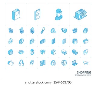 Isometric line icon set. 3d vector colorful illustration with shoppig symbols. Add to cart or basket, mall, supermarket building, deliveryman, cashier, bank card colorful pictogram Isolated on white