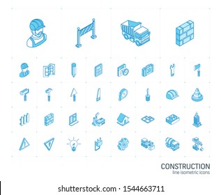 Isometric line icon set. 3d vector colorful illustration with construction, industrial, architectural, engineering symbols. Home repair tools, worker, building colorful pictogram Isolated on white