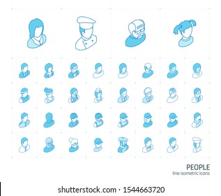 Isometric Line Icon Set. 3d Vector Colorful Illustration With People Avatars Symbols. Social Media User Profile, Profession, Manager, Doctor, Cook, Old Man, Artist Colorful Pictogram Isolated On White