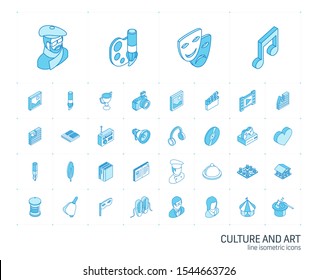 Isometric line icon set. 3d vector colorful illustration with culture, art, literature symbols. Artist palette, theatre, cinema and music, circus, magic colorful pictogram Isolated on white