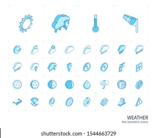 Isometric line icon set. 3d vector colorful illustration with meteo symbols. Weather cast, cloud, rain, snow, moon, thermometer, umbrella colorful pictogram Isolated on white