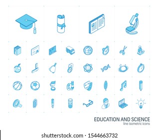 Isometric line icon set. 3d vector colorful illustration with education, learning, think symbols. Book, microscope, calculator, pen, elearning, teacher colorful pictogram Isolated on white