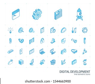 Isometric line icon set. 3d vector colorful illustration with web and app development symbols. Digital network technology, coding, application, program data colorful pictogram Isolated on white