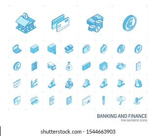 Isometric line icon set. 3d vector colorful illustration with banking and finance symbols. Credit card, wallet, coin, safe, money bag, cash, dollar, euro, pound colorful pictogram Isolated on white svg