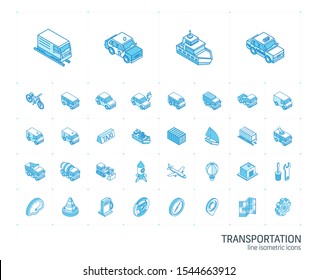 Isometric line icon set. 3d vector colorful illustration with transport, transportation symbols. Police car, train, yacht, taxi, bicycle and truck colorful pictogram Isolated on white