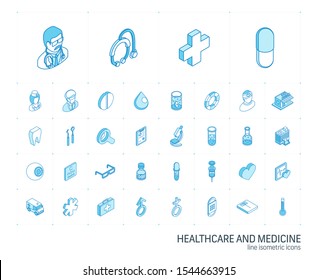 Isometric line icon set. 3d vector colorful illustration with medical, medicine, healthcare symbols. Dentist, health, ambulance, care, doctor, pills, cross colorful pictogram Isolated on white