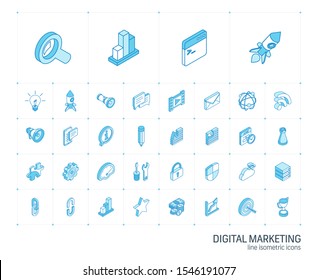 Isometric Line Icon Set. 3d Vector Colorful Illustration With SEO Symbols. Digital Network, Analytics, Social Media And Market Colorful Pictogram Isolated On White