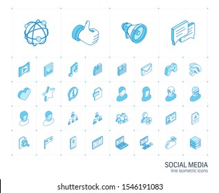 Isometric Line Icon Set. 3d Vector Colorful Illustration With Social Media And Digital Technology Symbols. Like, Speech Bubble, Avatar, Computer, Web, Mobile Colorful Pictogram Isolated On White