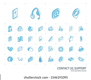 Isometric line icon set. 3d vector support illustration with contact us symbols. Communication, home, call, speech bubble, email, letter, envelope, handshake colorful pictogram Isolated on white