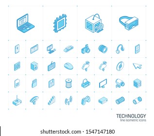 Isometric Line Icon Set. 3d Vector Colorful Illustration With Technology, Digital Symbols. Cloud Computing, Print, VR Glasses, 4k Resolution And Wireless Colorful Pictogram Isolated On White