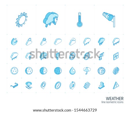 Isometric line icon set. 3d vector colorful illustration with meteo symbols. Weather cast, cloud, rain, snow, moon, thermometer, umbrella colorful pictogram Isolated on white