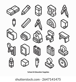 Icône de ligne isométrique pour les projets de rentrée scolaire. Comprend papeterie, sac à dos, bureau, horloge, dossiers, et plus encore. Idéal pour les conceptions, les sites web, les infographies et les impressions pour l'éducation des enfants