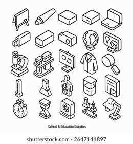 Ícone de linha isométrica definido para projetos de volta à escola. Possui ferramentas científicas, globo, microscópio, laptop, livros, jaleco, lupa, cronômetro. Perfeito para projetos educacionais de crianças, gráficos de informação, impressões