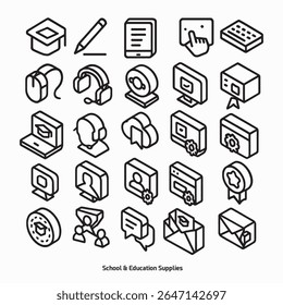 Ícone de linha isométrica definido para voltar aos temas da escola. Inclui e-learning, aula on-line, headset, bate-papo, diploma, laptop, teclado e ferramentas de estudo digitais. Perfeito para a educação infantil e gráficos de informação