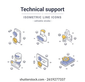 Ensemble d'icônes de ligne isométrique représentant des services d'assistance technique par le biais de divers éléments, notamment un smartphone, une bulle de chat et un profil utilisateur. Il présente l'interaction numérique moderne.