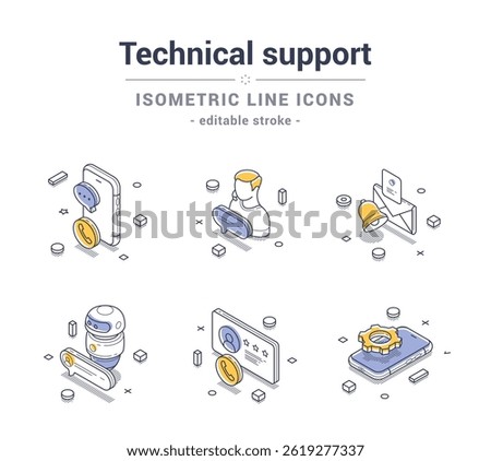 Isometric line icon set representing technical support services through various elements, including a smartphone, chat bubble, and user profile. It showcases modern digital interaction.
