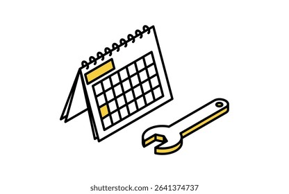 Isometric line icon of wrench and calendar for scheduled car maintenance, Vector Illustration