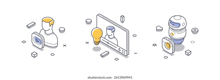 Isometric line icons depict various aspects of content creation, including video production, idea generation, and digital tools in a modern design