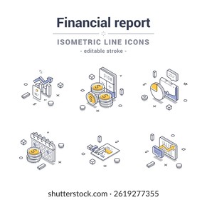Ícones de linha isométrica que representam elementos essenciais de um relatório financeiro, incluindo gráficos, moedas, calendários e gráficos. Conjunto de ilustrações vetoriais modernas