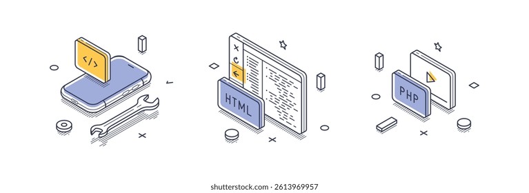 Isometric line icons represent essential tools in web development, featuring coding on a mobile device, an HTML document, and a PHP script, each illustrated distinctly.