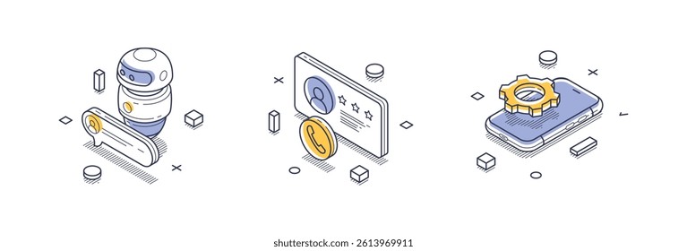 Isometric line icons represent various aspects of technical support. These icons illustrate a robot assistant, user authentication, and a smartphone with settings.