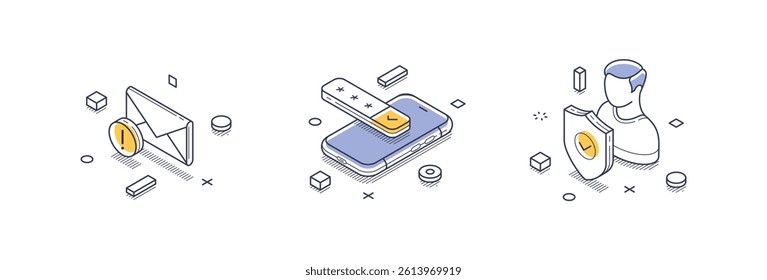 Isometric line icons representing key elements related to personal data management, including secure communication, mobile data verification, and identity confirmation.