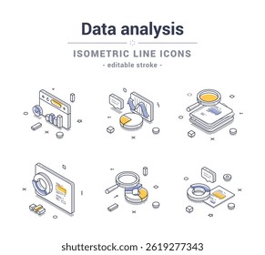 Iconos de línea isométricos que representan varios aspectos del análisis de datos, incluidos gráficos, gráficos e infografías. Conjunto de Ilustraciones vectoriales modernas
