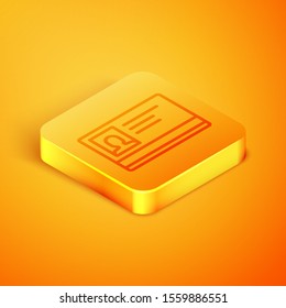 Isometric line Identification badge icon isolated on orange background. It can be used for presentation, identity of the company, advertising. Orange square button. Vector Illustration