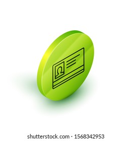 Isometric line Identification badge icon isolated on white background. It can be used for presentation, identity of the company, advertising. Green circle button. Vector Illustration
