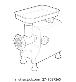 Isometric line illustration of an electric meat grinder appliance used for mincing meat and food preparation in the kitchen.