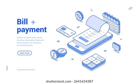 Isometric line illustration emphasizing the bill payment process. Features include a smartphone, receipt, calendar, and various payment tools in a sleek layout.