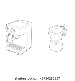 Isometric line illustration of espresso coffee machine and moka pot coffee brewing appliances.