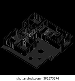 Isometric line illustration of the house inside on black background.