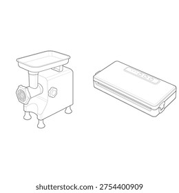 Isometric line illustration of meat grinder and vacuum sealer food processing kitchen appliances.