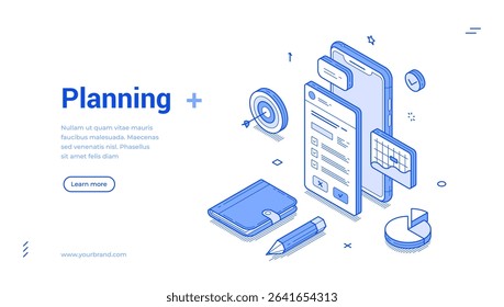 Isometric line illustration showcases various planning elements, including a smartphone, checklist, calendar, and other tools essential for effective organization and time management.