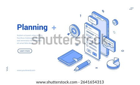 Isometric line illustration showcases various planning elements, including a smartphone, checklist, calendar, and other tools essential for effective organization and time management.