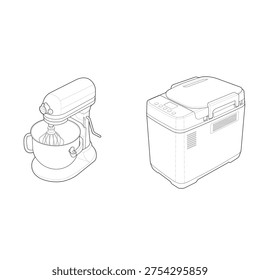 Isometric line illustration of stand mixer and bread maker home baking appliances.
