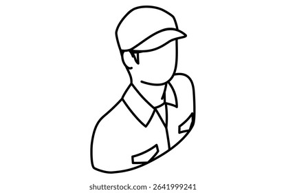Isometric line illustration of upper body of car mechanic with cap and work uniform, simple design for automotive maintenance icon, black and white, Vector Illustration