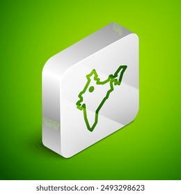 Isometric line India map icon isolated on green background. Silver square button. Vector