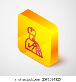 Isometric line Indian man plays flute icon isolated on grey background. Artist playing Bansuri folk music of India. Yellow square button. Vector