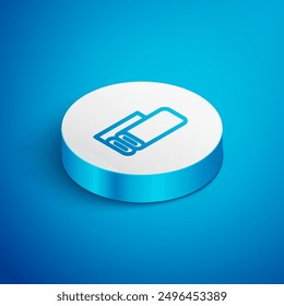 Isometric line Indian textile fabric icon isolated on blue background. Roll, mat, rug, cloth, carpet or paper roll icon. White circle button. Vector