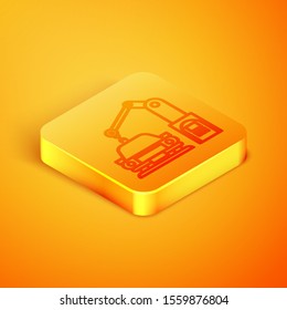 Isometric line Industrial machine robotic robot arm hand on car factory icon isolated on orange background. Industrial automation production automobile. Orange square button. Vector Illustration